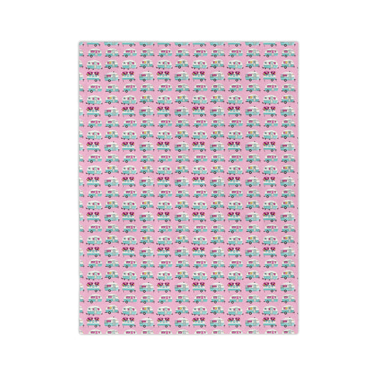 The Sugar Shack- Pink Retro Camper Velveteen Microfiber Blanket Cute Travel Van Pattern Throw - Creations by Chris and Carlos