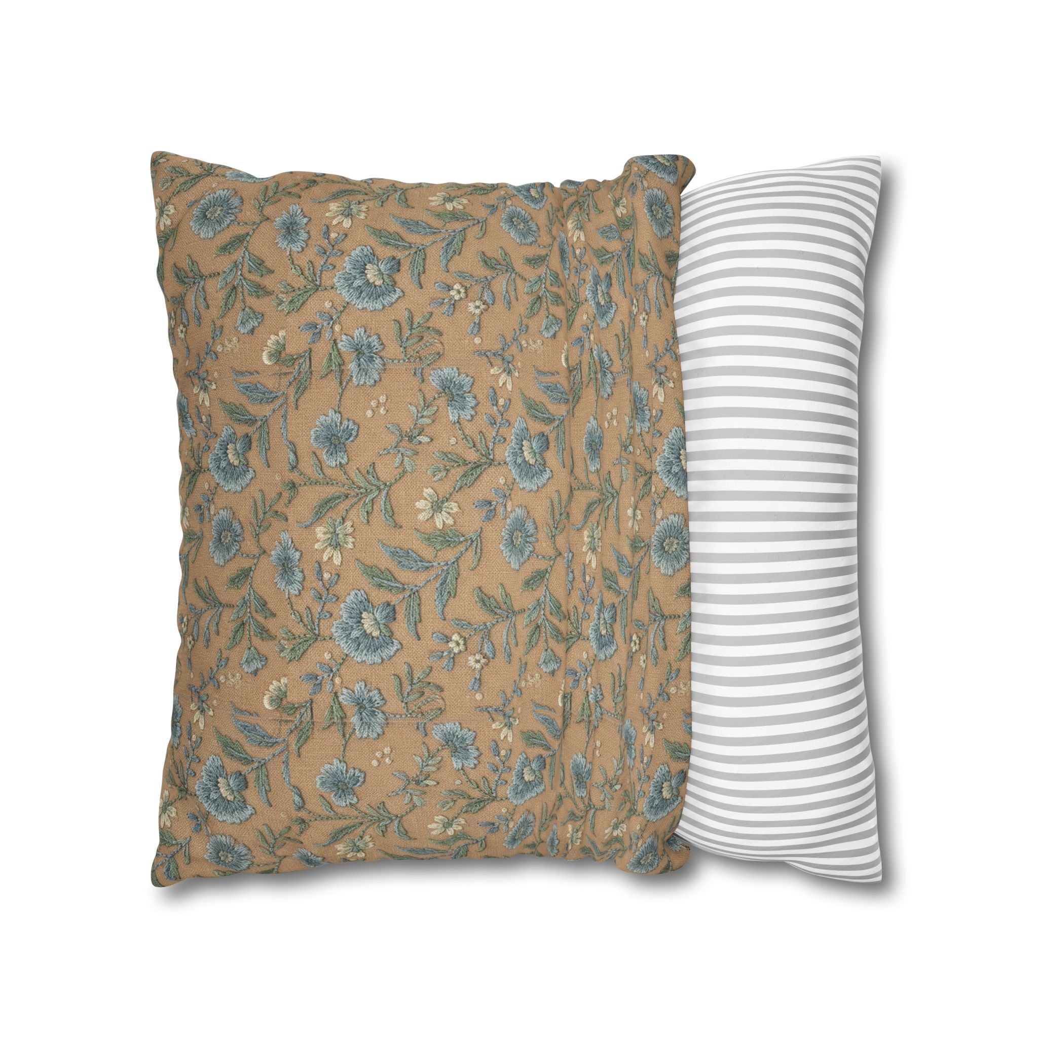Plumstead Manor Geometric Vintage Floral Pillowcase — Blue Beige Botanical Square Pillow - Creations by Chris and Carlos