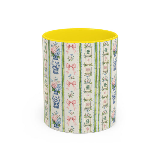 Vintage Floral Stripe Coffee Mug — Pink Accent & Bow Pattern (11/15 oz) - Creations by Chris and Carlos