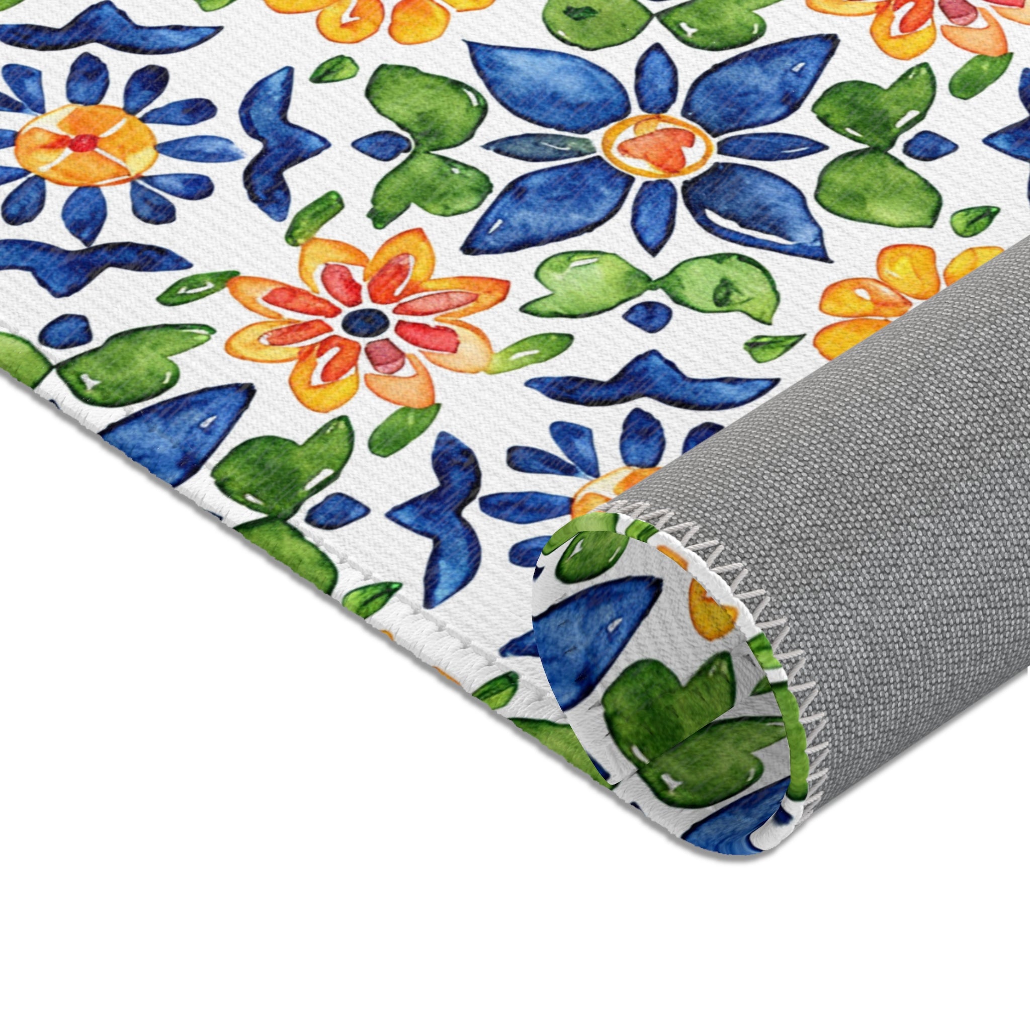 Sol y Alegría (Sun and Joy) Collection- Mediterranean Floral Area Rug — Colorful Blue & Yellow Tile Pattern - Creations by Chris and Carlos