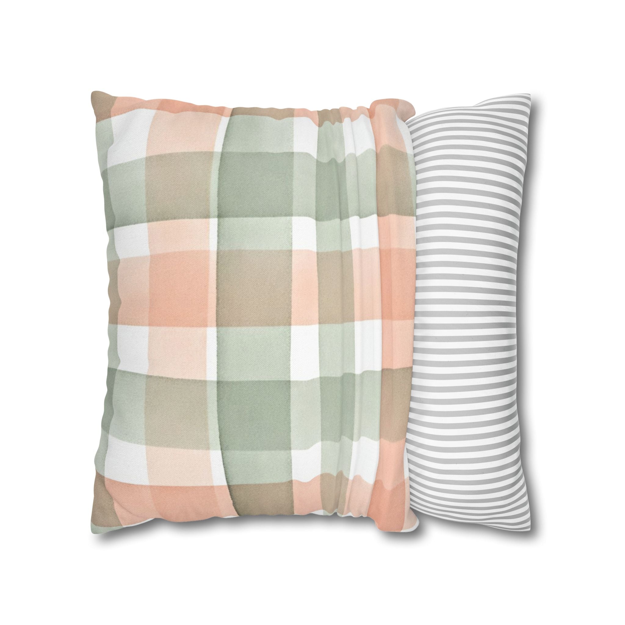 The Artisanal Flora Gallery Pastel Buffalo Check Pillowcase — Peach & Sage Plaid Square Pillow Cover - Creations by Chris and Carlos