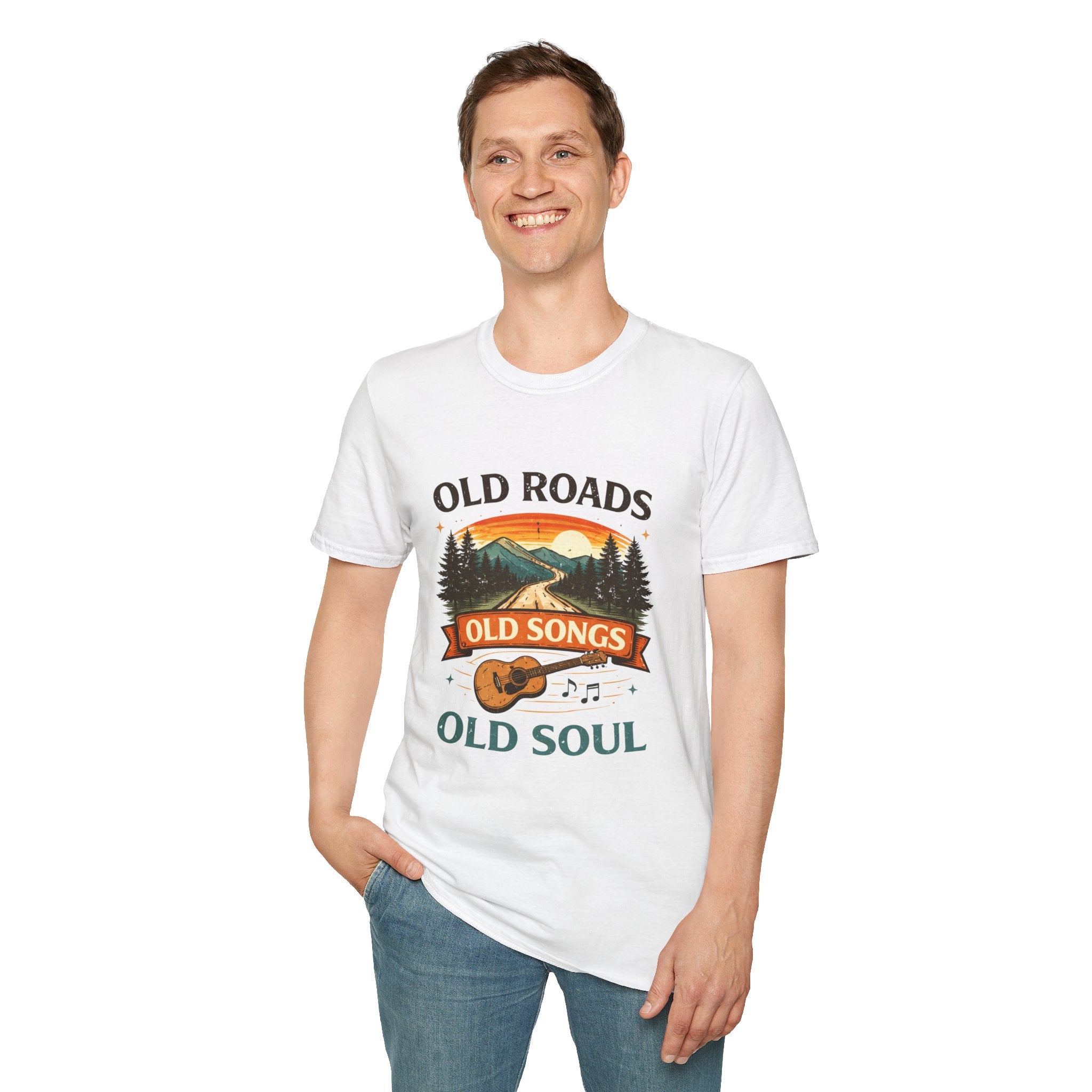 Old Roads Old Songs Old Soul T-Shirt – Vintage Guitar & Mountain Graphic - Creations by Chris and Carlos