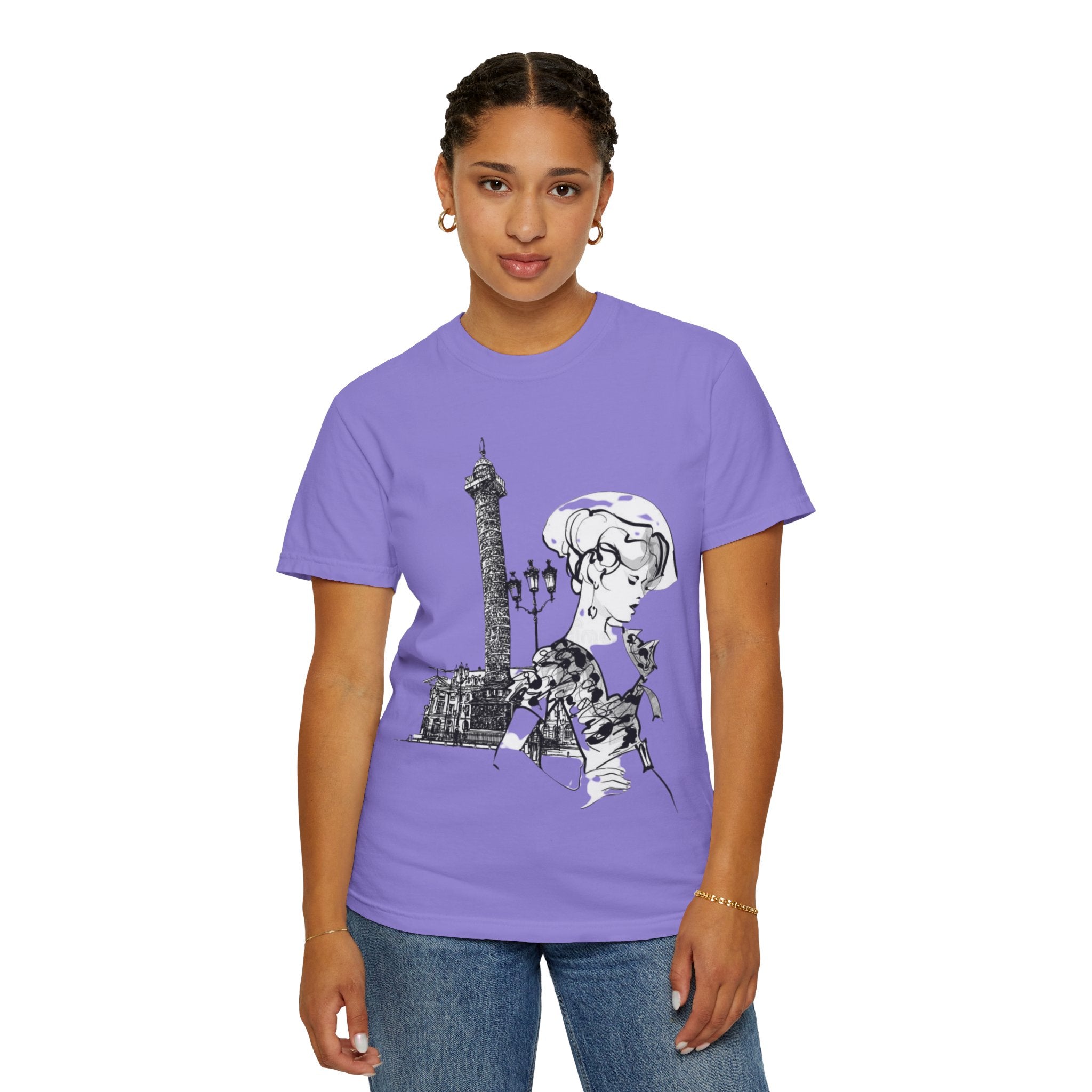 Parisian Vintage Illustration T-Shirt — Eiffel Tower & Chic Lady Tee - Creations by Chris and Carlos