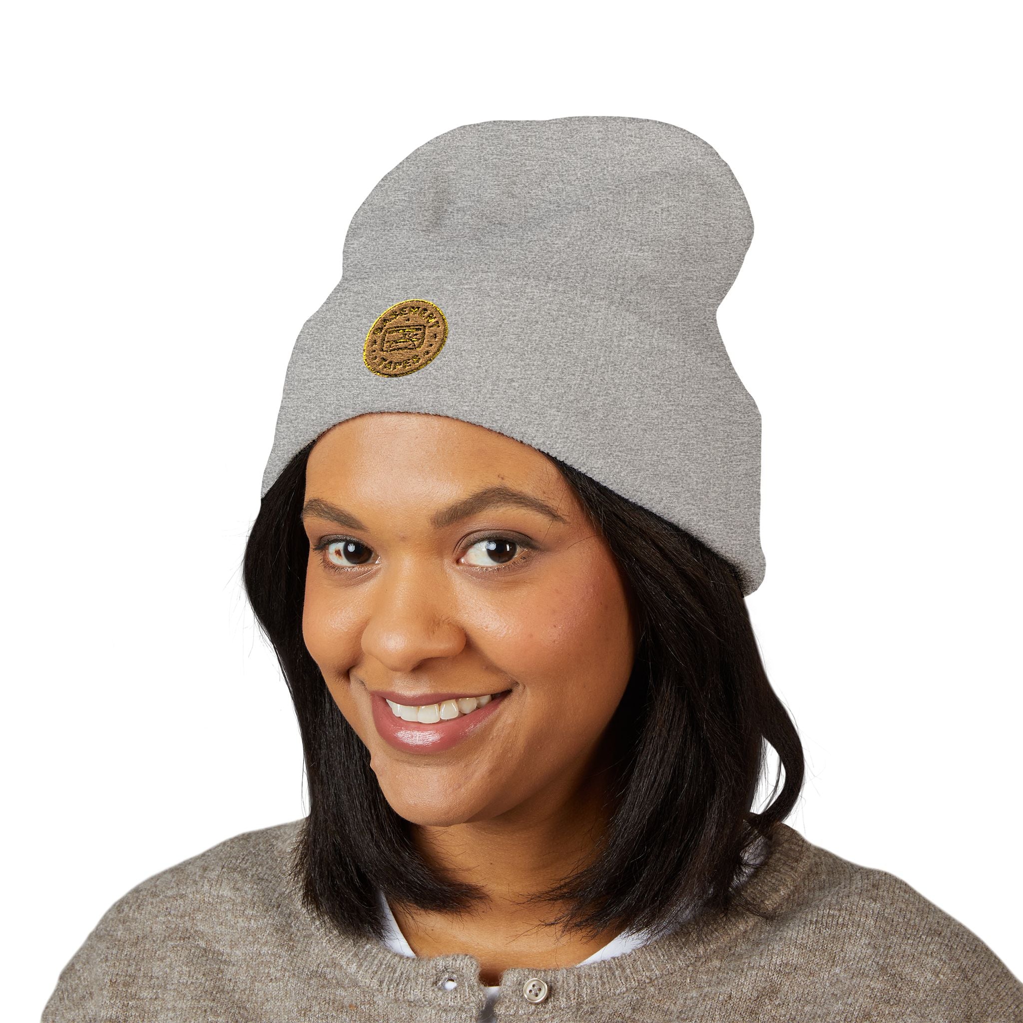Embroidered Gold Coin Cuffed Beanie — Classic Knit Winter Hat - Creations by Chris and Carlos