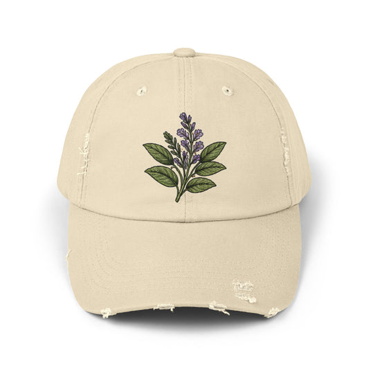 Old Soul Apothecary Distressed Black Baseball Cap with Lavender Sprig Embroidery - Creations by Chris and Carlos