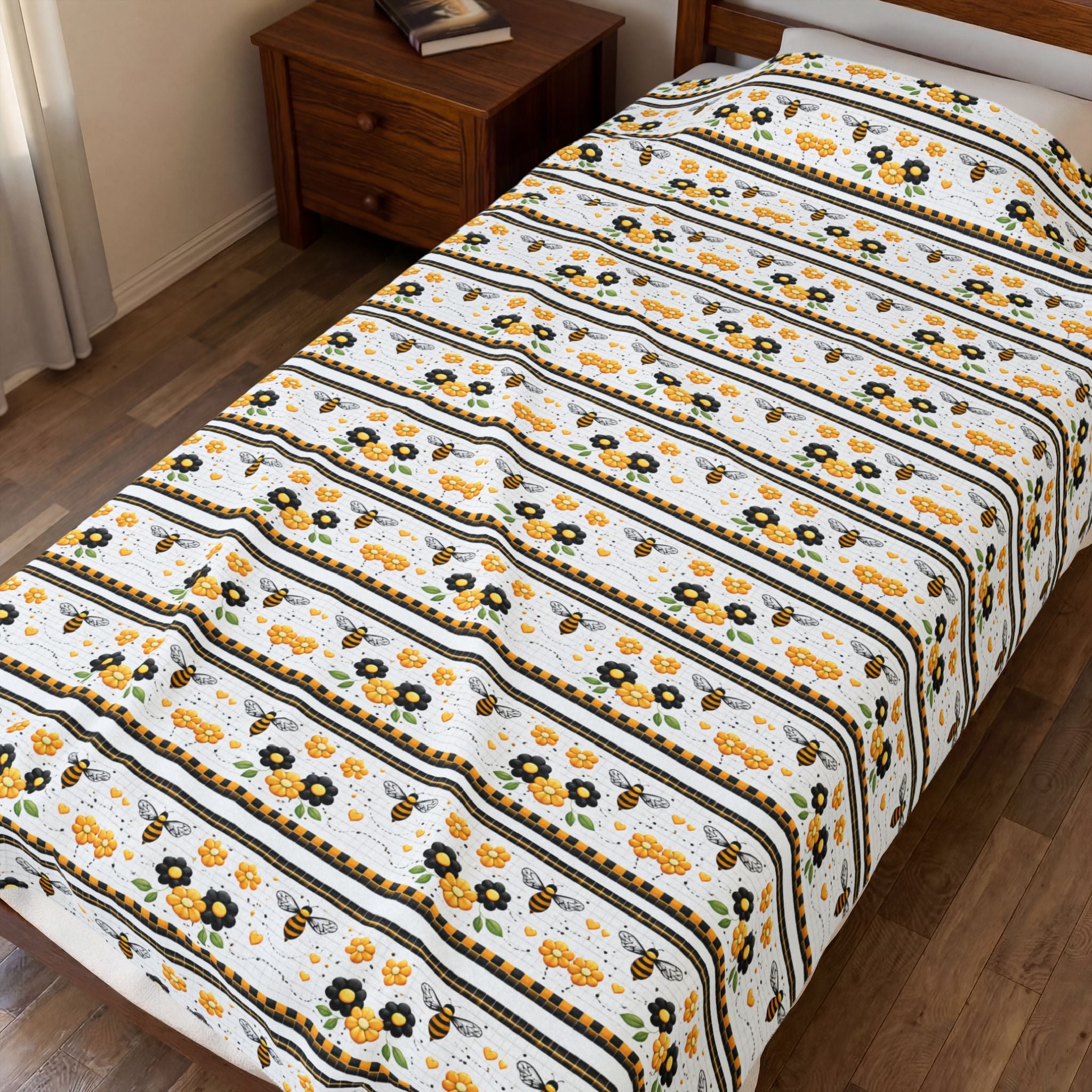 Bee & Sunflower Velveteen Plush Blanket — Cozy Floral Throw for Spring, Garden Lovers & Gift Giving - Creations by Chris and Carlos