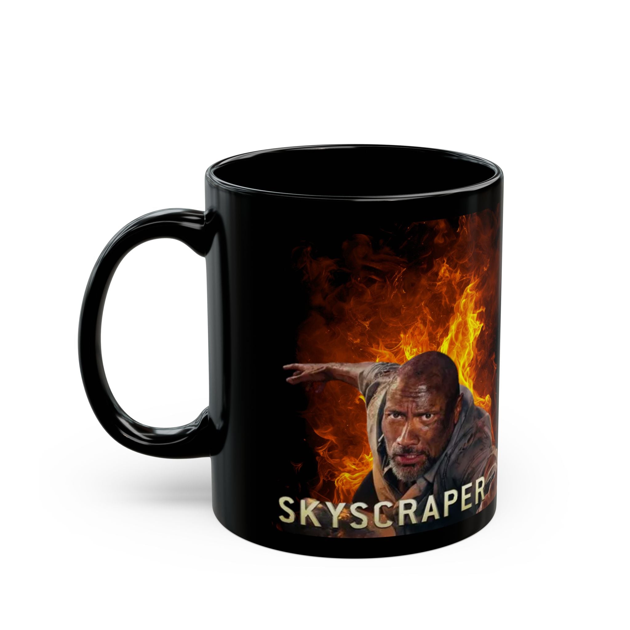 Skyscraper Movie Mug — Dwayne Johnson Action Fire Scene 11oz/15oz Black Coffee Cup - Creations by Chris and Carlos