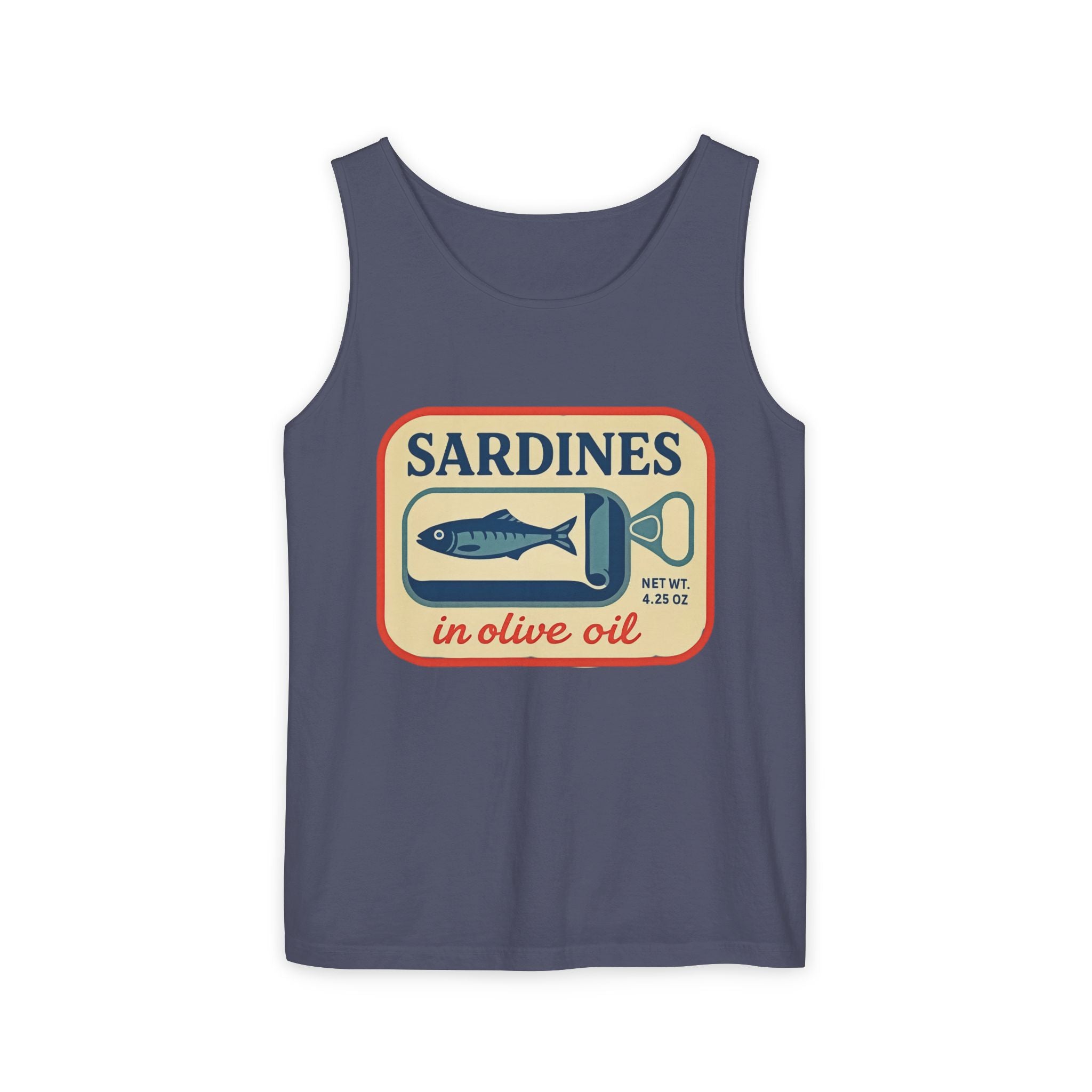 Sardines in Olive Oil Tank Top — Retro Seafood Can Graphic - Creations by Chris and Carlos