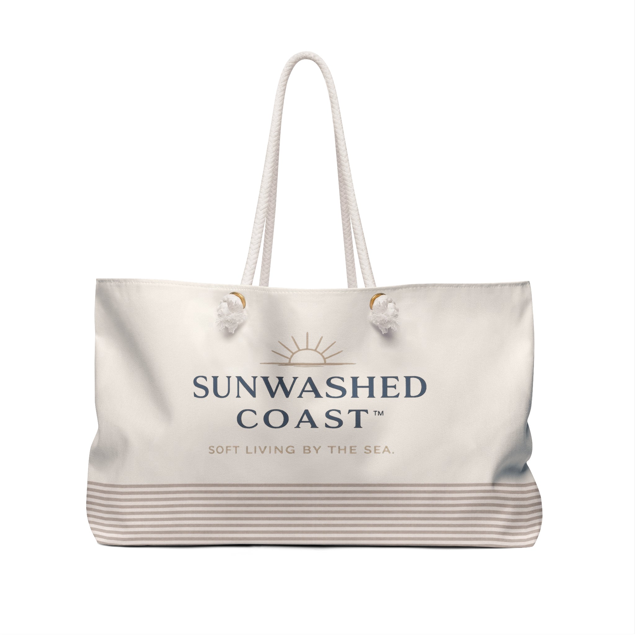 Sunwashed Coast Weekender Bag — Coastal Canvas Travel Tote with Striped Bottom - Creations by Chris and Carlos