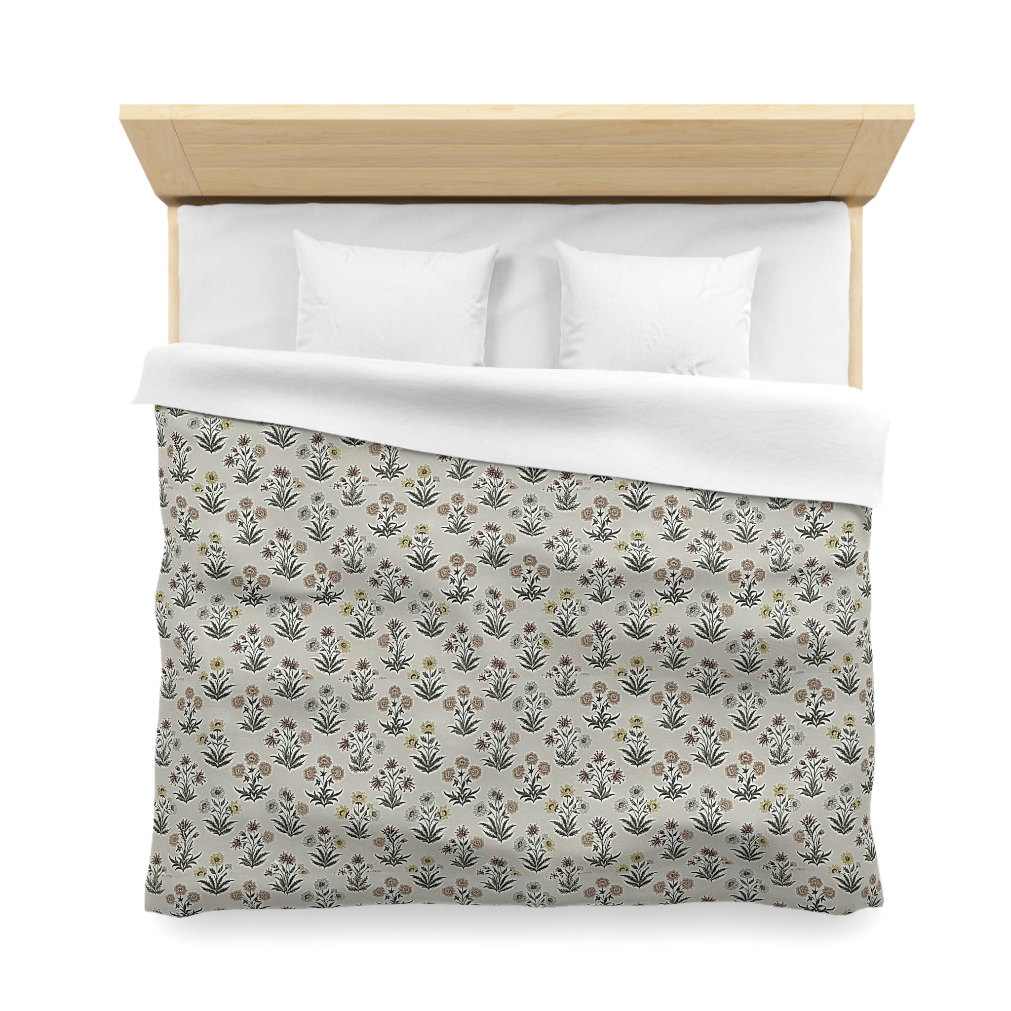 Floral Folk Pattern Duvet Cover — Neutral Microfiber Bedding - Creations by Chris and Carlos