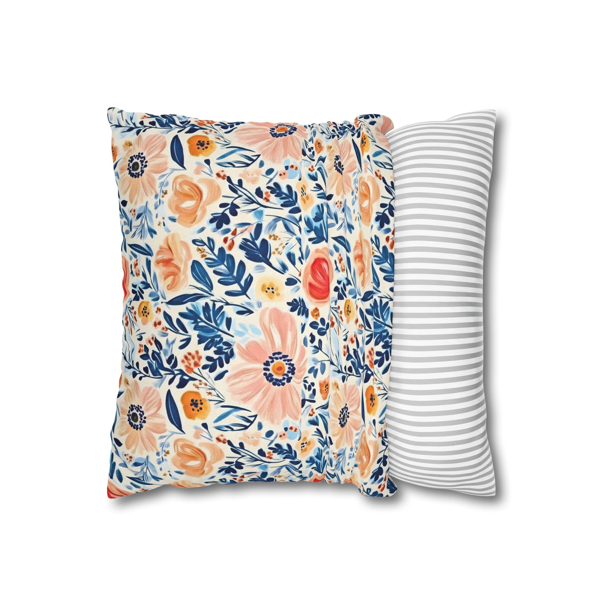 The Artisanal Flora Gallery Floral Watercolor Throw Pillow Cover — Peach & Navy Garden Pattern - Creations by Chris and Carlos