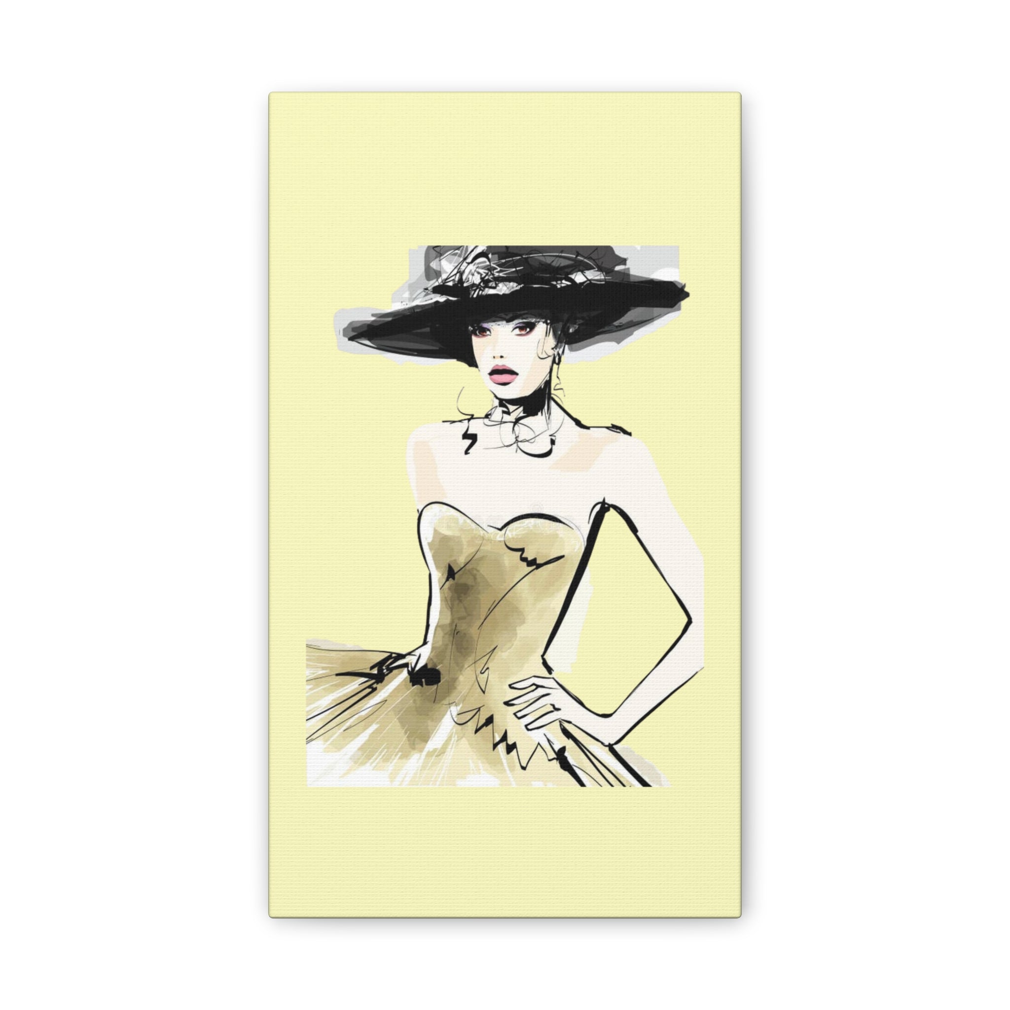 Fashion Illustration Canvas Wall Art - Elegant Woman in Gold Dress (Stretched Canvas) - Creations by Chris and Carlos