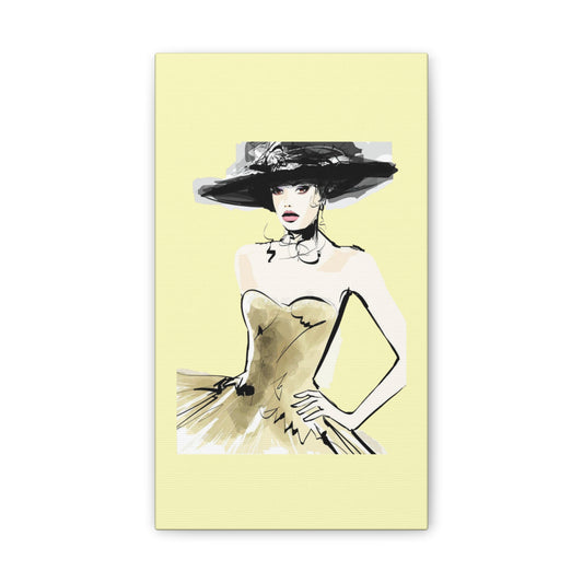 Fashion Illustration Canvas Wall Art - Elegant Woman in Gold Dress (Stretched Canvas) - Creations by Chris and Carlos