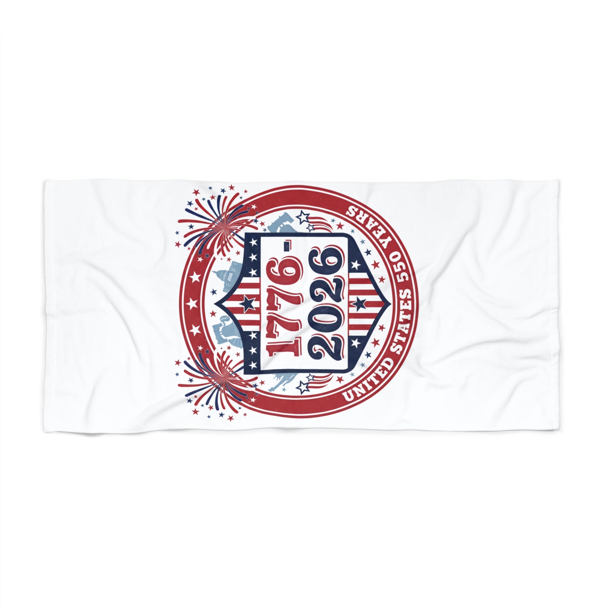 1776–2026 Patriotic Beach Towel – USA 250th Anniversary Flag Fireworks Design - Creations by Chris and Carlos