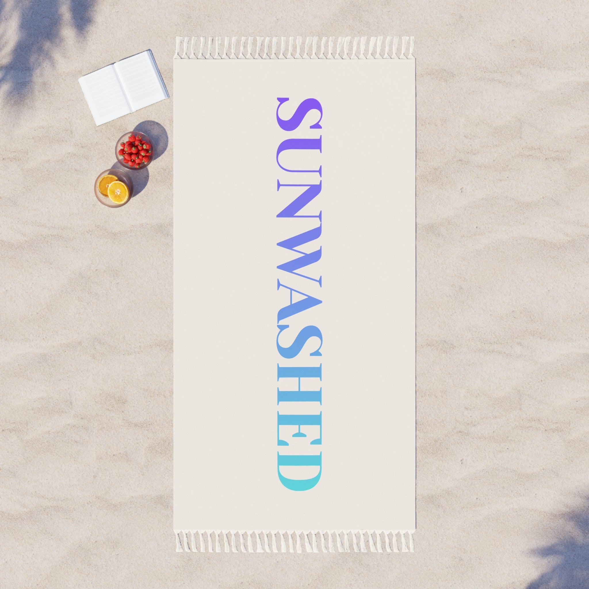 Sunwashed Boho Beach Towel – Ombre Vertical Text Fringe - Creations by Chris and Carlos