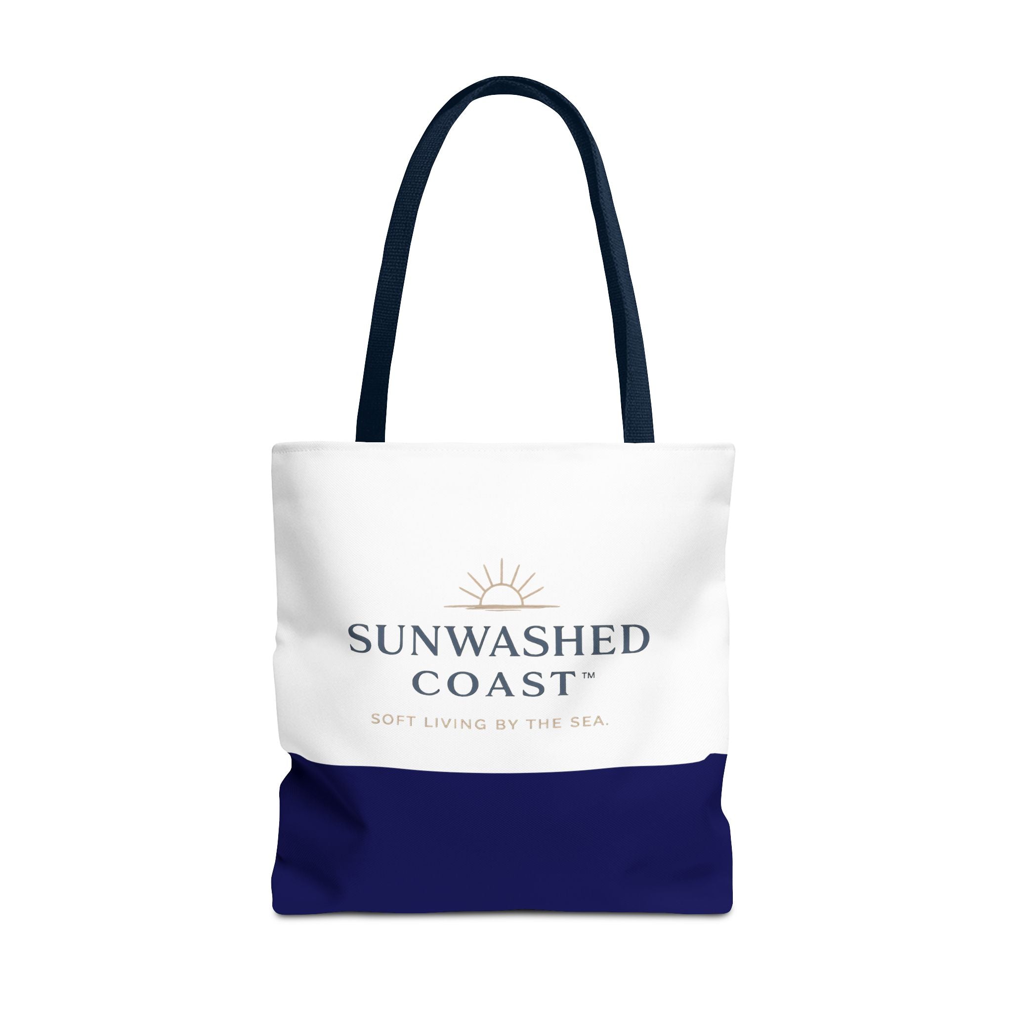 Sunwashed Coast Tote Bag — Coastal Canvas Beach Tote with 'Soft Living by the Sea' Logo - Creations by Chris and Carlos