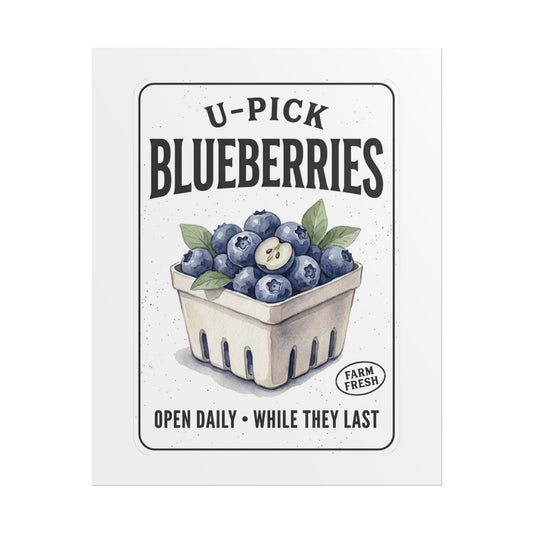 Blueberries U-Pick Poster — Vintage Farm Fresh Produce Wall Art (Rolled Poster) - Creations by Chris and Carlos