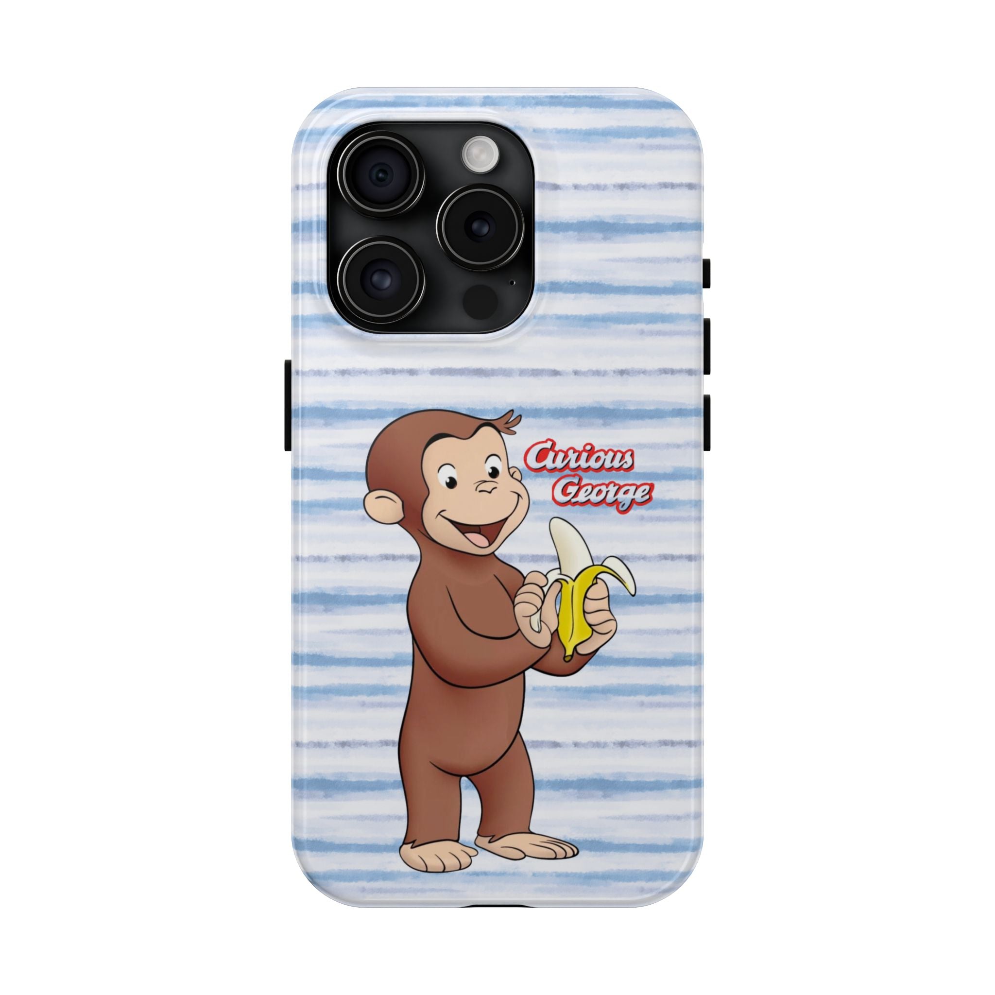 Curious George Banana Tough Phone Case — Cute Kids iPhone Cover, Blue Stripe Protective Case - Creations by Chris and Carlos