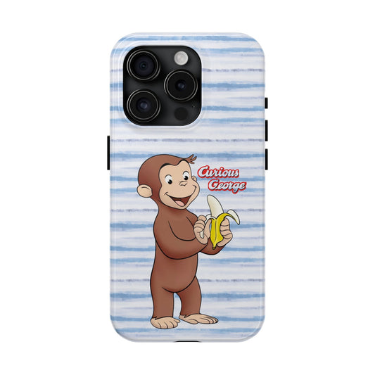 Curious George Banana Tough Phone Case — Cute Kids iPhone Cover, Blue Stripe Protective Case - Creations by Chris and Carlos