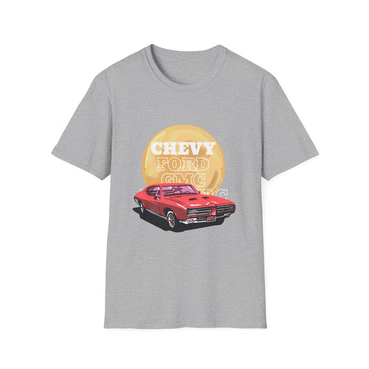 Vintage Muscle Car T-Shirt — "Chevy Ford Come Racing" Retro Red Classic Car Tee - Creations by Chris and Carlos