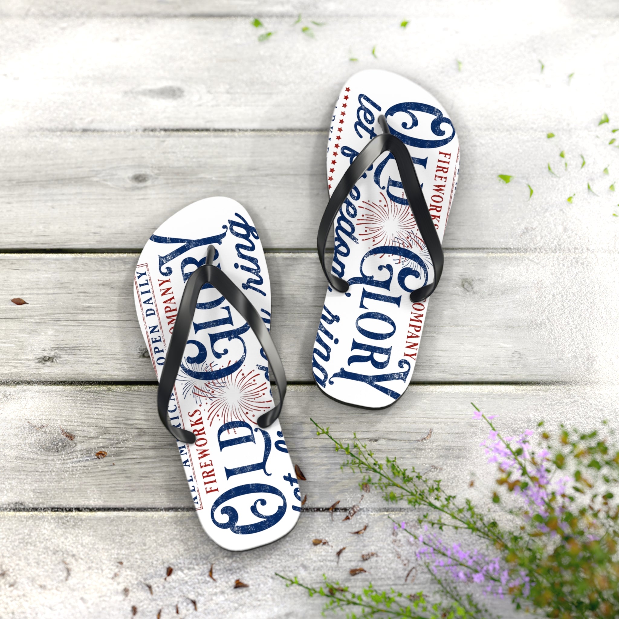Patriotic 'Glory' Flip Flops – Red White & Blue Fireworks Beach Sandals - Creations by Chris and Carlos