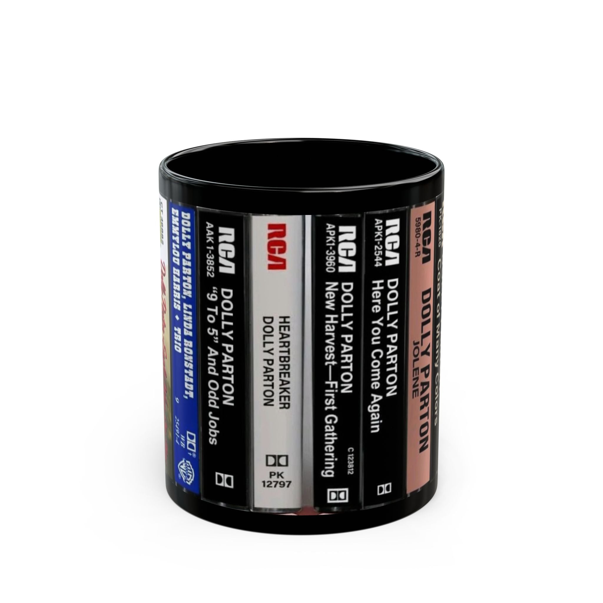 Dolly Parton Cassette Tape Spine Black Mug — Retro Music Coffee Cup (11oz/15oz) - Creations by Chris and Carlos