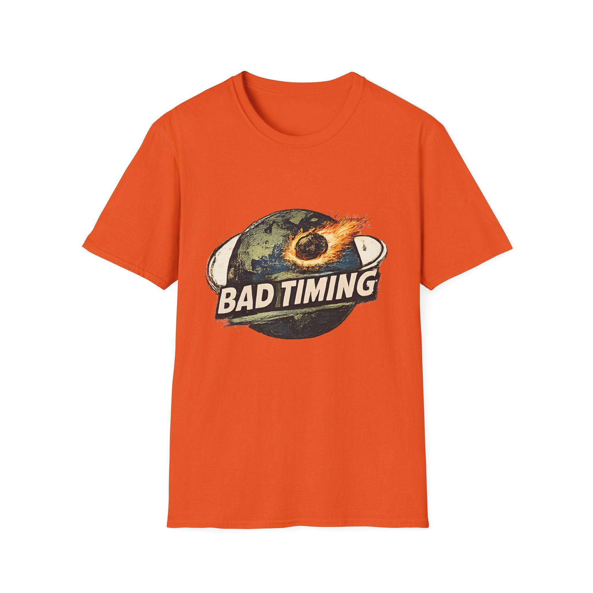 Bad Timing Graphic T-Shirt — Retro Meteor Earth Design - Creations by Chris and Carlos