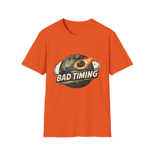 Bad Timing Graphic T-Shirt — Retro Meteor Earth Design - Creations by Chris and Carlos