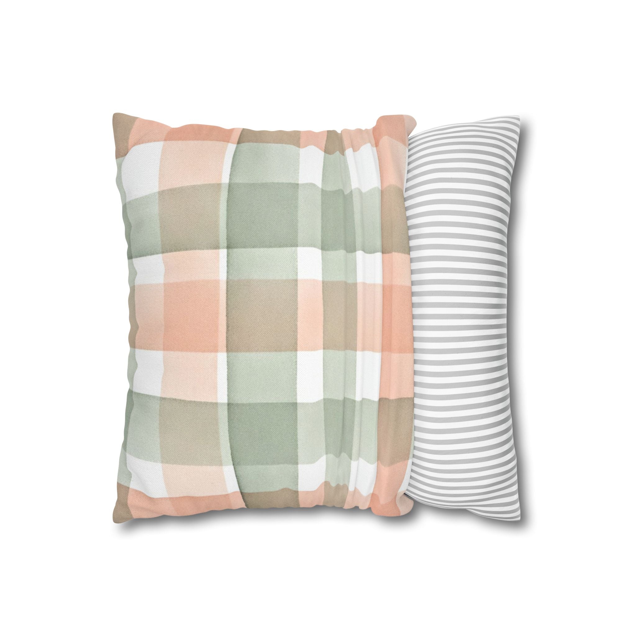 The Artisanal Flora Gallery Pastel Buffalo Check Pillowcase — Peach & Sage Plaid Square Pillow Cover - Creations by Chris and Carlos