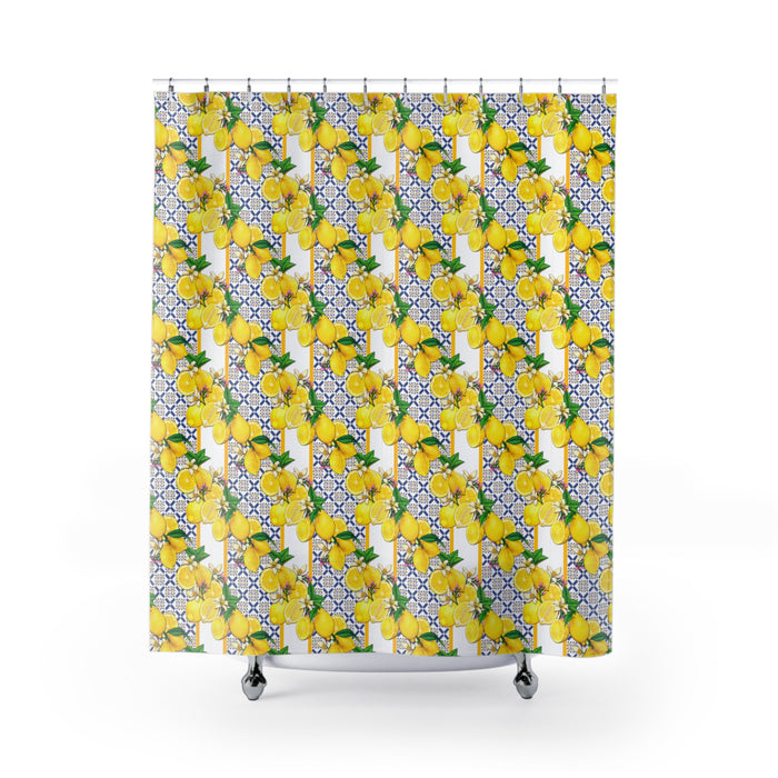 Lemon Tile Shower Curtain — Mediterranean Citrus Bathroom Decor