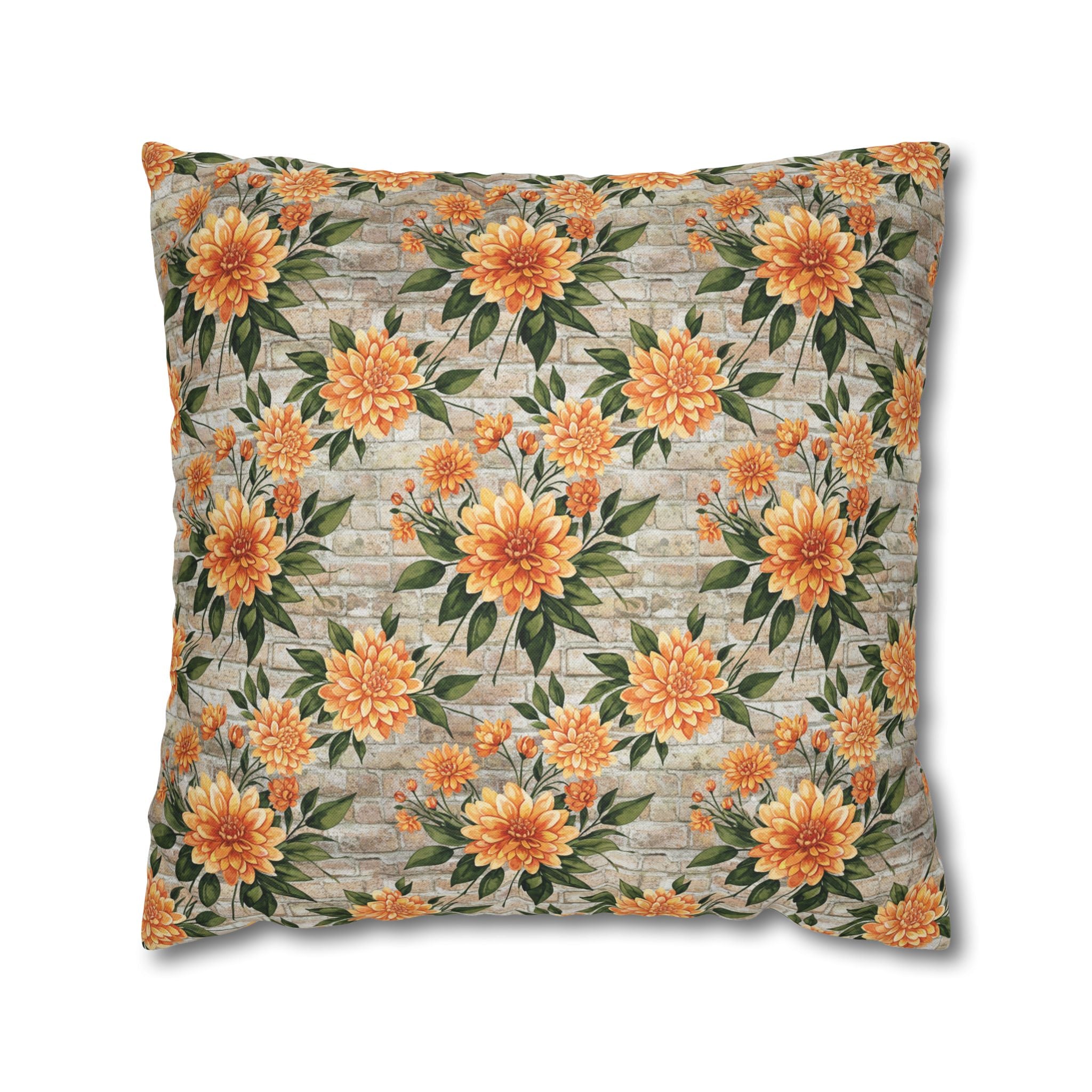 The Artisanal Flora Gallery Floral Sunburst Square Pillowcase — Orange Dahlia Botanical Throw Pillow Cover - Creations by Chris and Carlos