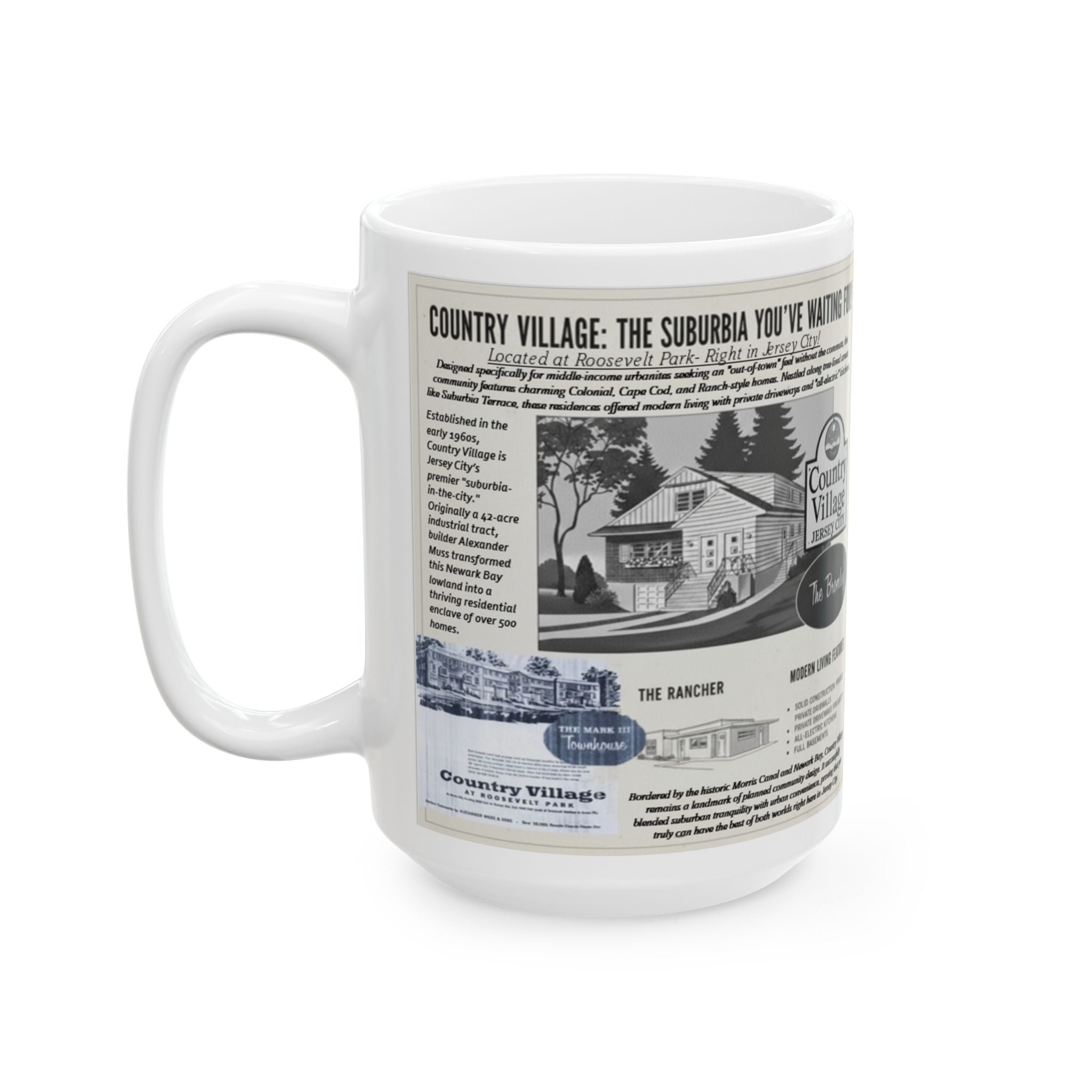 Vintage Country Village Advertisement Ceramic Mug – Retro Newspaper Print (15oz) - Creations by Chris and Carlos