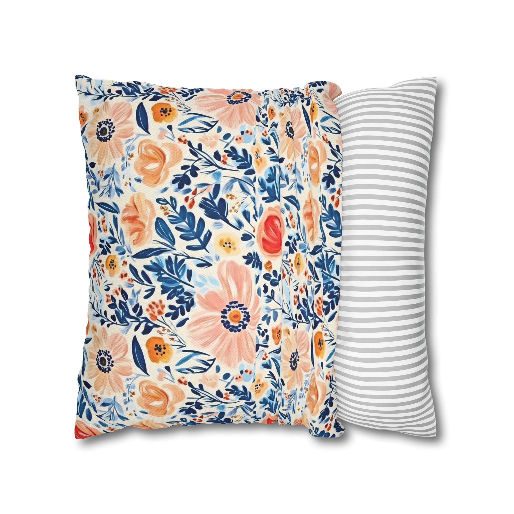 The Artisanal Flora Gallery Floral Watercolor Throw Pillow Cover — Peach & Navy Garden Pattern - Creations by Chris and Carlos