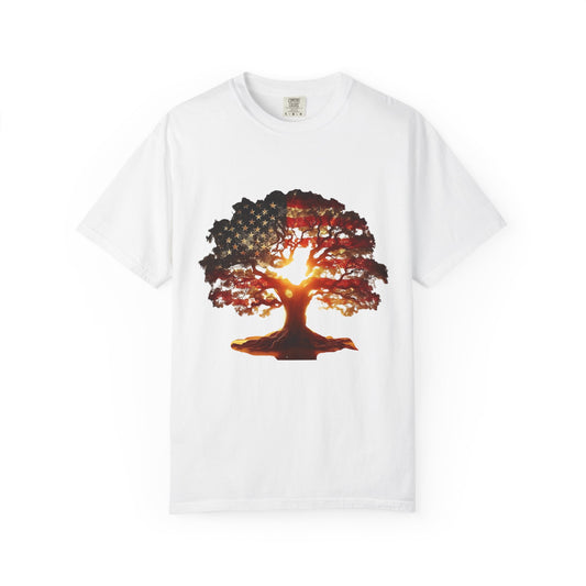 Patriotic Tree of Life T-Shirt — American Flag Sunset Graphic - Creations by Chris and Carlos