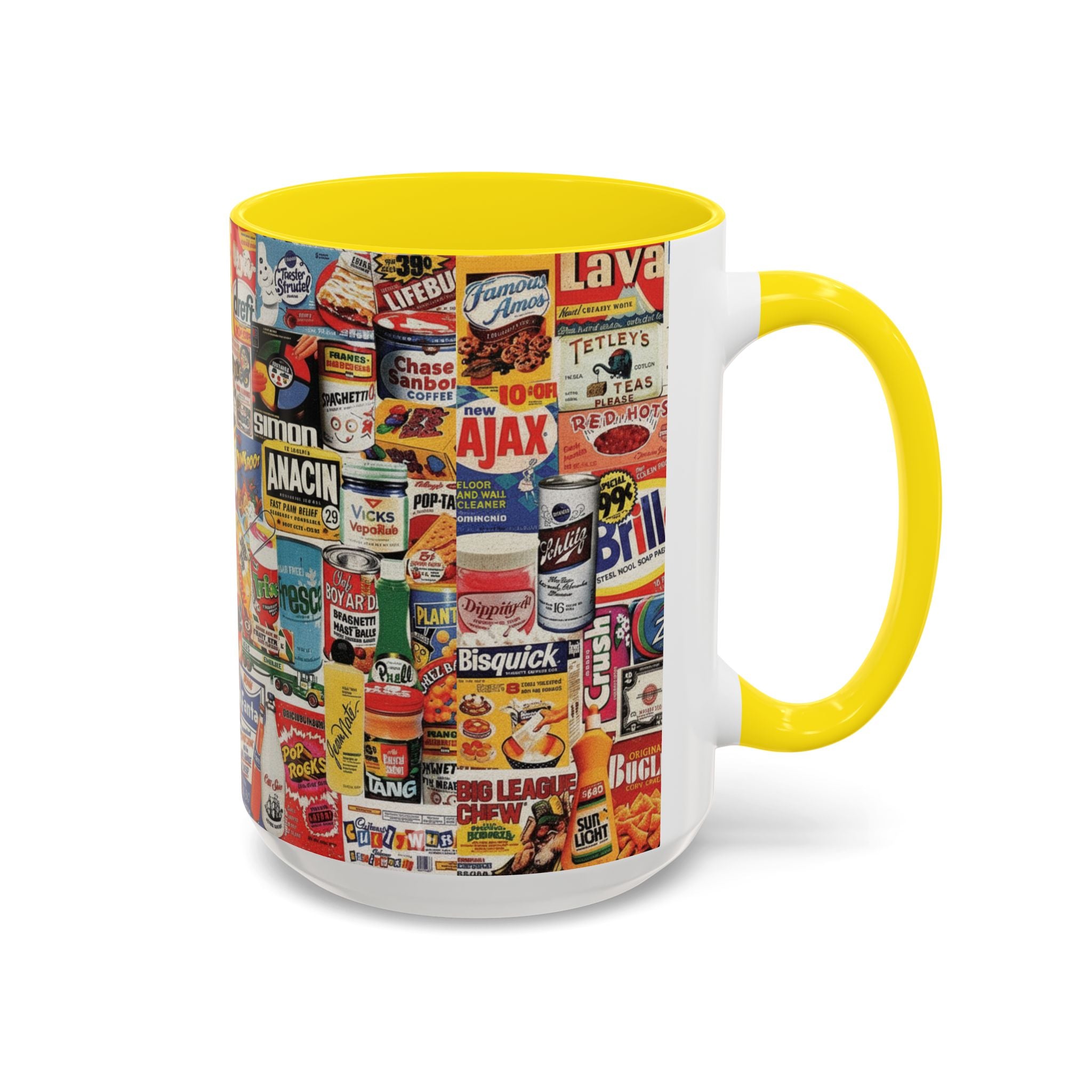 Vintage Retro Ads Coffee Mug — Collage of Classic Brand Labels (11/15oz Accent Mug) - Creations by Chris and Carlos