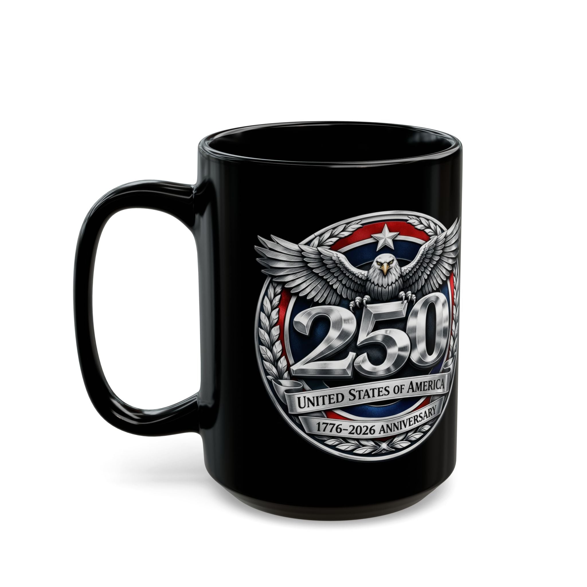 250th Anniversary Eagle Coffee Mug — United States Bicentennial Commemorative Black Mug (11oz, 15oz) - Creations by Chris and Carlos