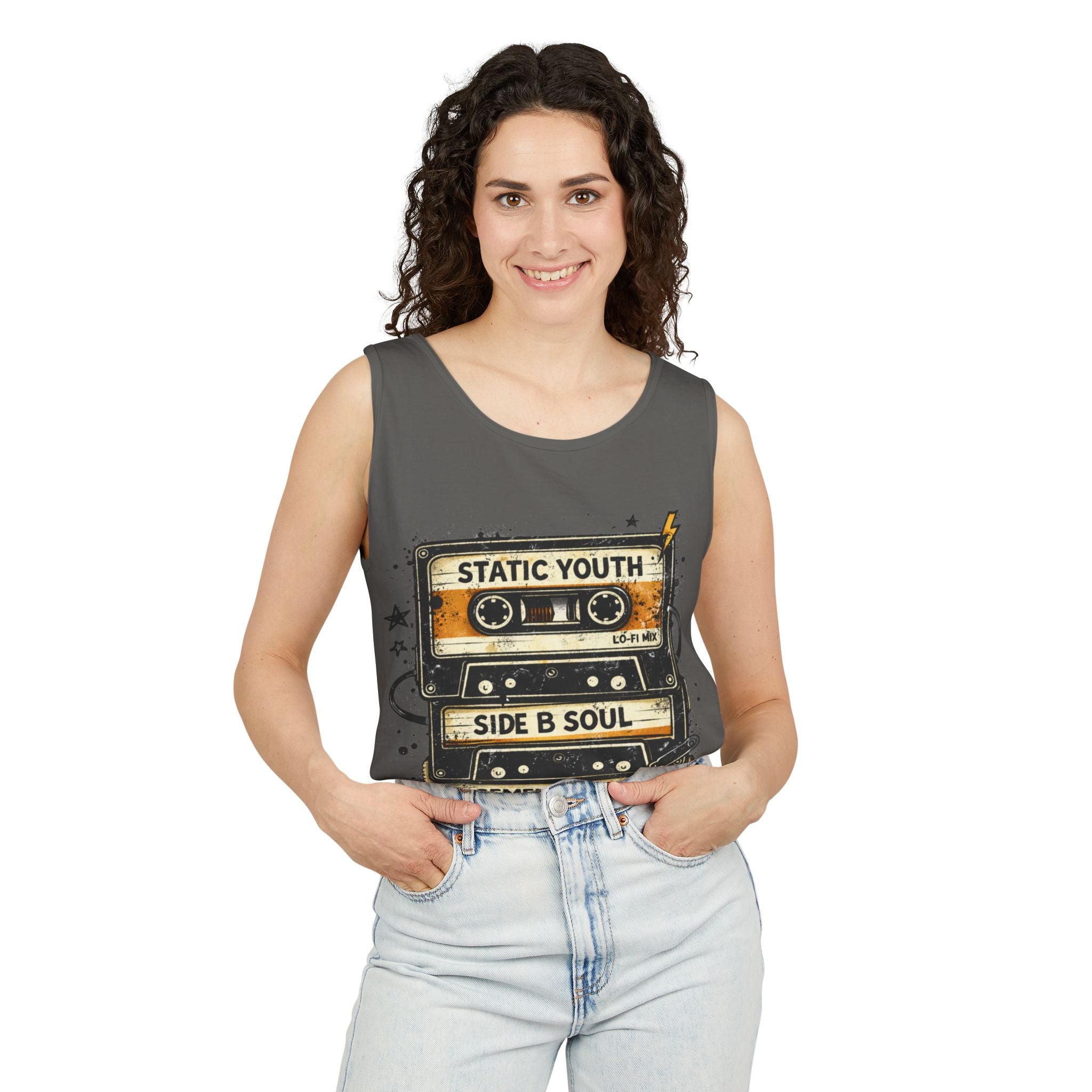 Cassette Tape Tank Top — "Static Youth / Side B Soul" Retro Music Vintage Tank - Creations by Chris and Carlos