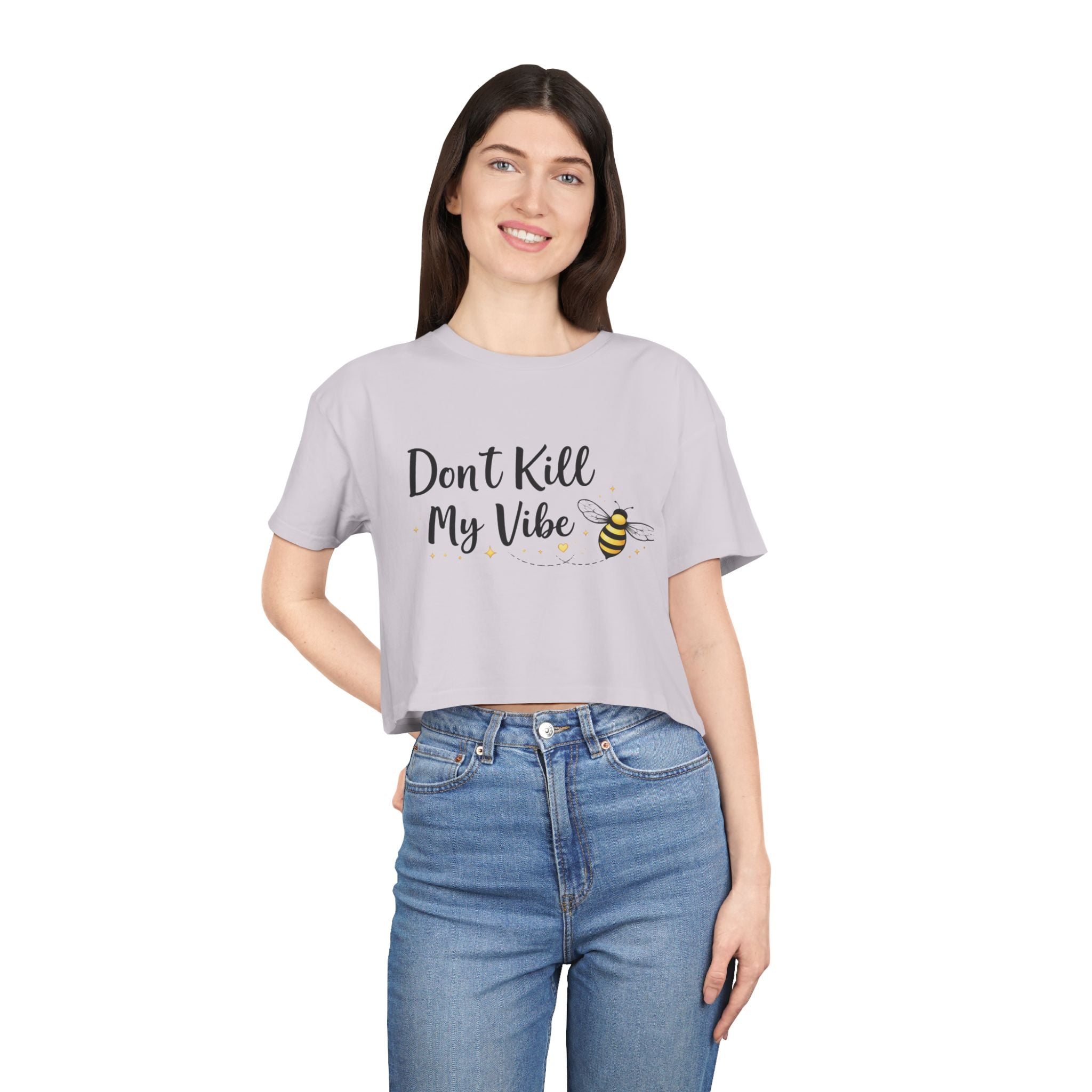 Crop Tee - "Don’t Kill My Vibe" Bee Graphic Women's Crop Top - Creations by Chris and Carlos