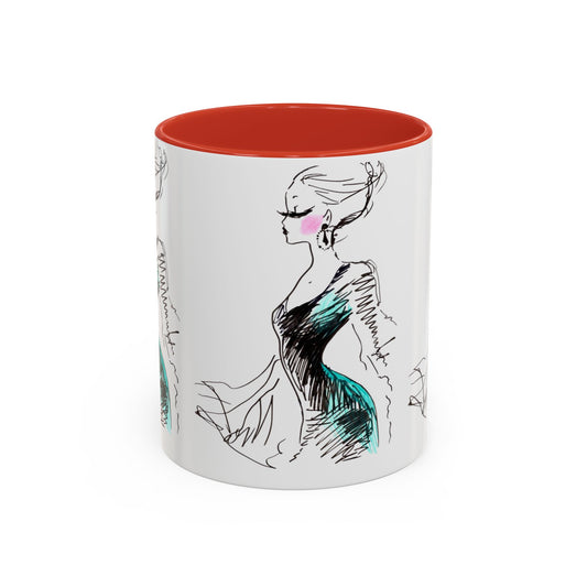 Fashion Sketch Accent Coffee Mug — Chic Hand-Drawn Dress Illustration (11/15 oz) - Creations by Chris and Carlos