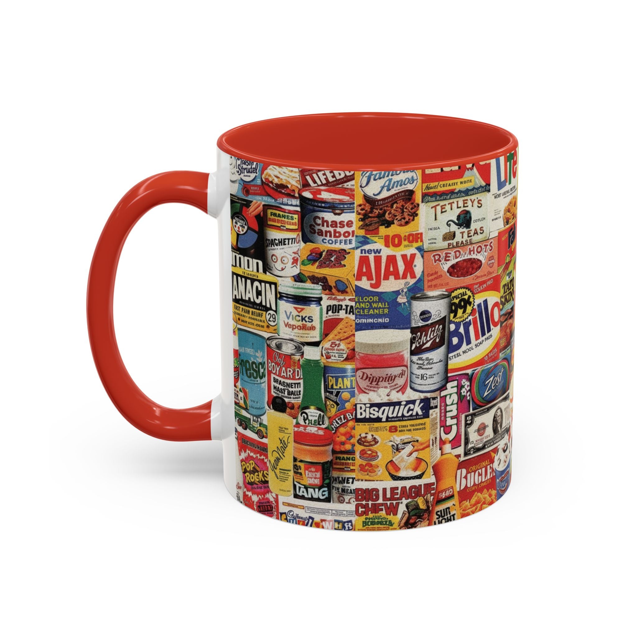 Vintage Retro Ads Coffee Mug — Collage of Classic Brand Labels (11/15oz Accent Mug) - Creations by Chris and Carlos