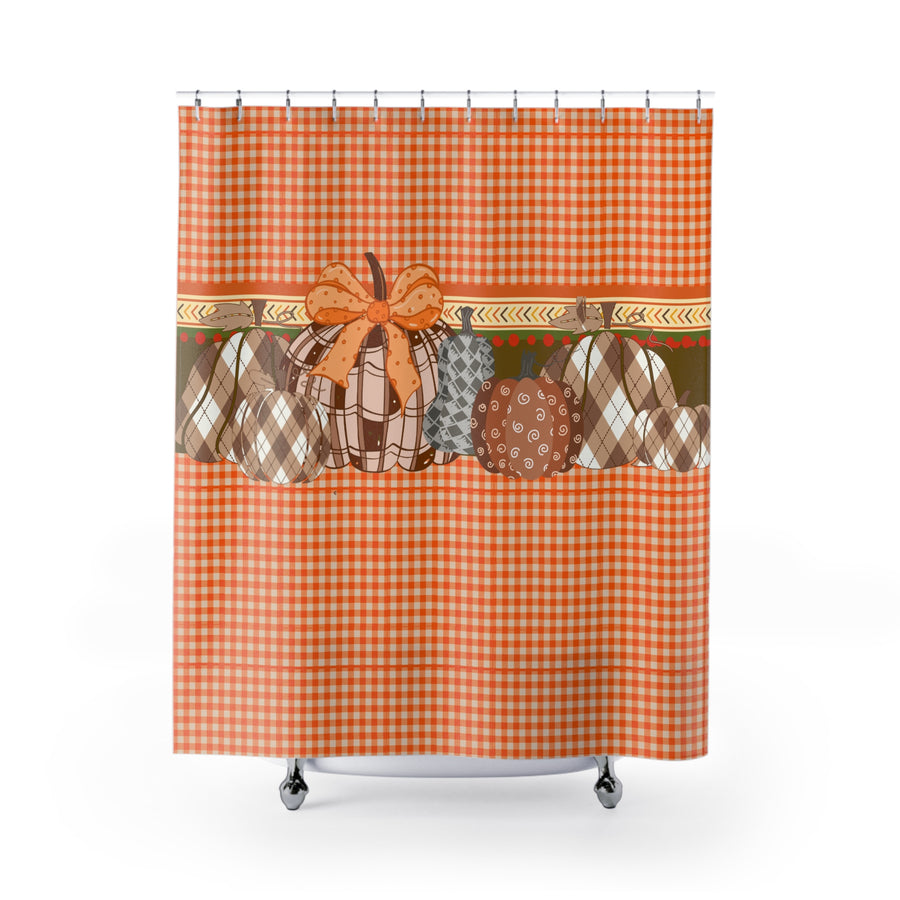 Autumn Gingham Pumpkin Shower Curtain — Fall Harvest Bathroom Decor