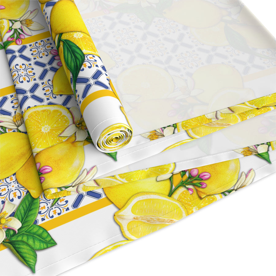 Lemon Tile Table Runner — Yellow Citrus Mediterranean Dining Decor