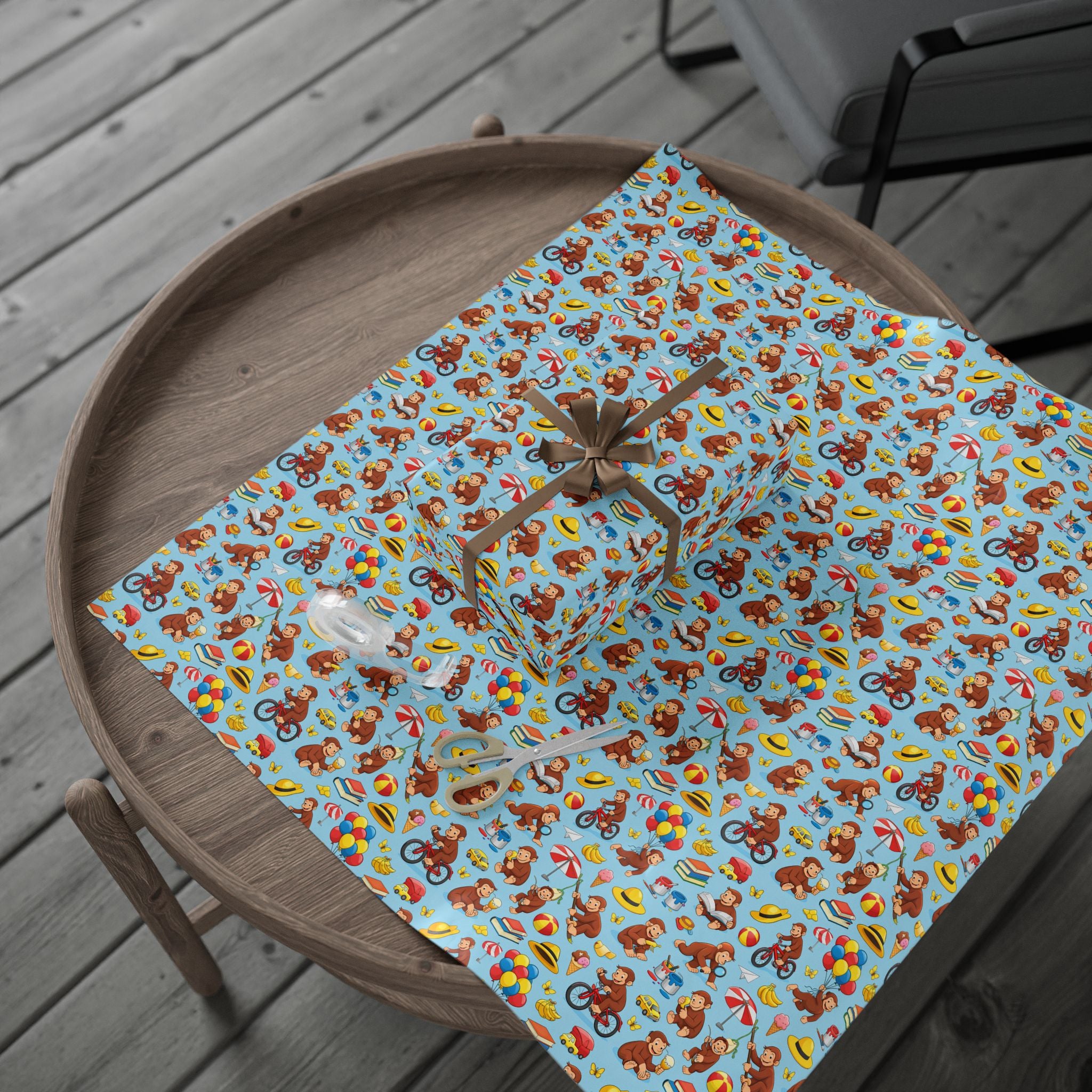 Wrapping Paper Roll — Playful Curious George Monkey Pattern Gift Wrap (Blue) - Creations by Chris and Carlos