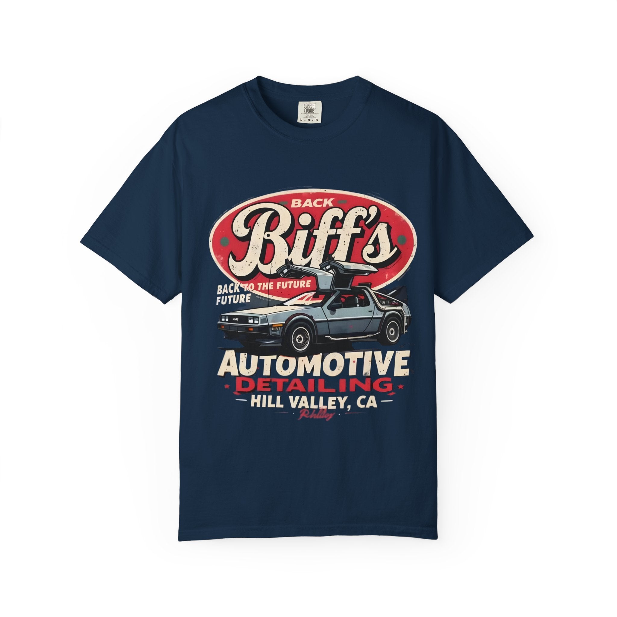 Biff's Automotive Detailing T-Shirt — Back to the Future DeLorean Graphic - Creations by Chris and Carlos