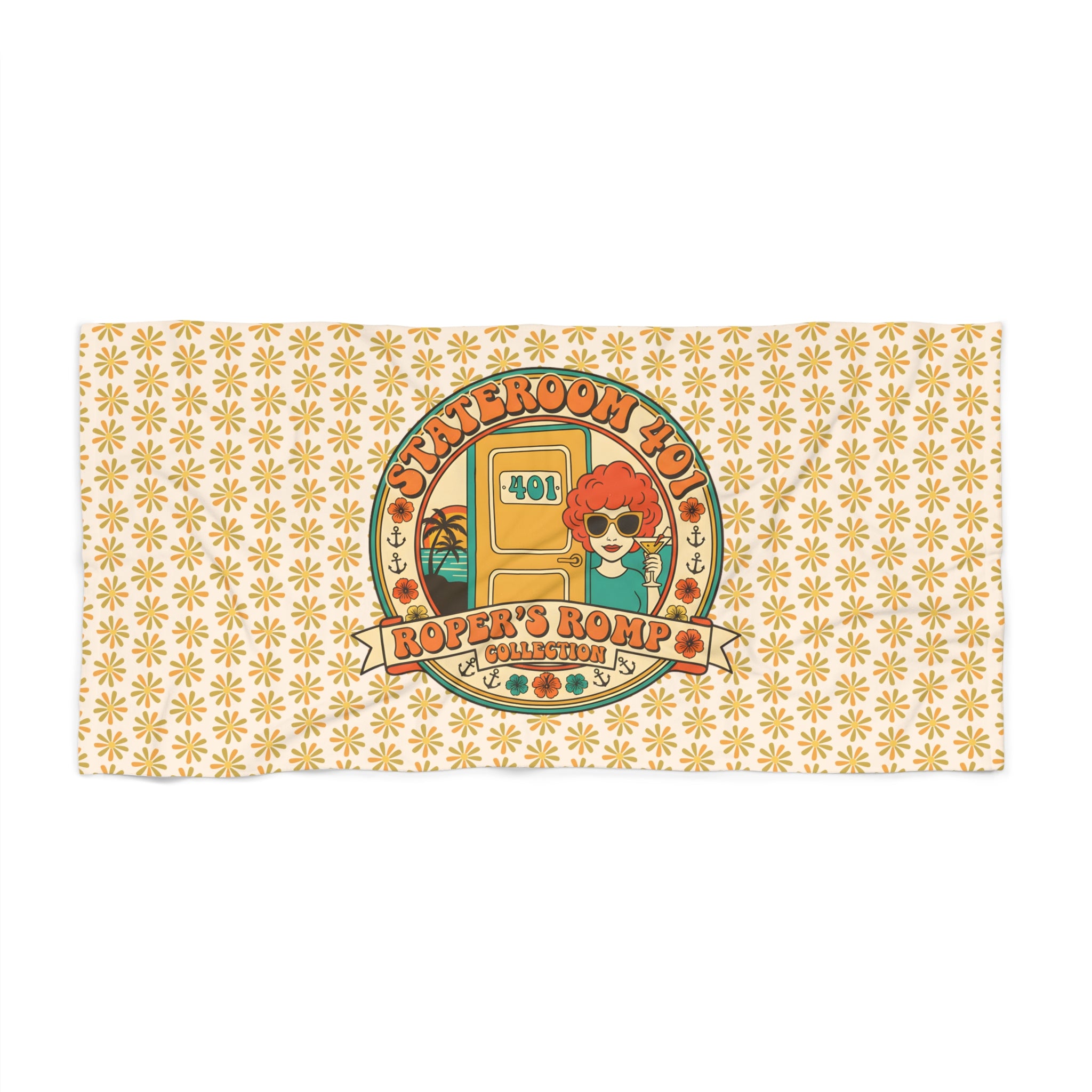 Stateroom 401 Roper's Romp Collection-Retro Surf Beach Towel — Sunflower Pattern with 'Salted Room 101' Graphic - Creations by Chris and Carlos