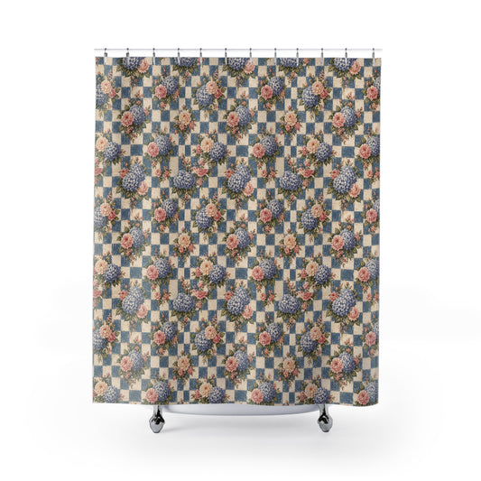 Vintage Floral Patchwork Shower Curtain — Blue Hydrangea & Rose Bathroom Decor - Creations by Chris and Carlos