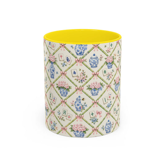 Floral Mahjong Accent Coffee Mug – Pink Interior & Handle, Vintage Chinoiserie Pattern - Creations by Chris and Carlos