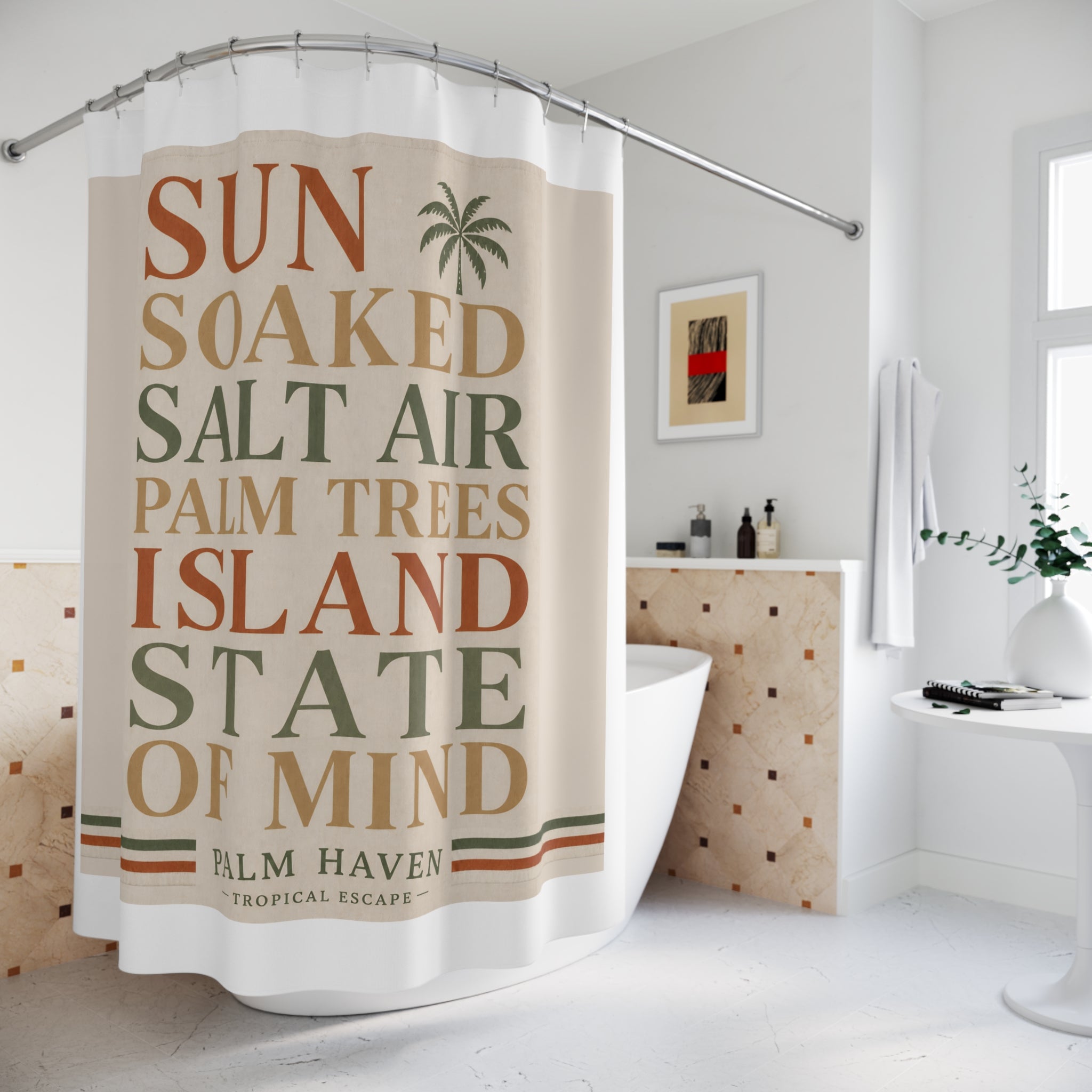 Island State of Mind Shower Curtain — Palm Haven Tropical Beach Quote - Creations by Chris and Carlos