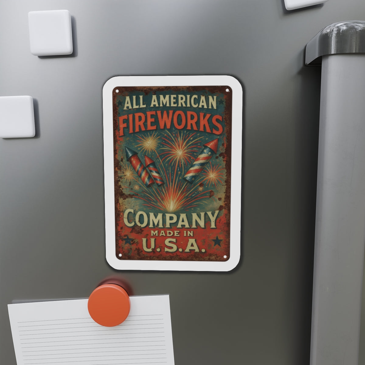 Fireworks Magnet — "All American Fireworks Company" Retro USA Patriotic Die-Cut Magnet - Creations by Chris and Carlos