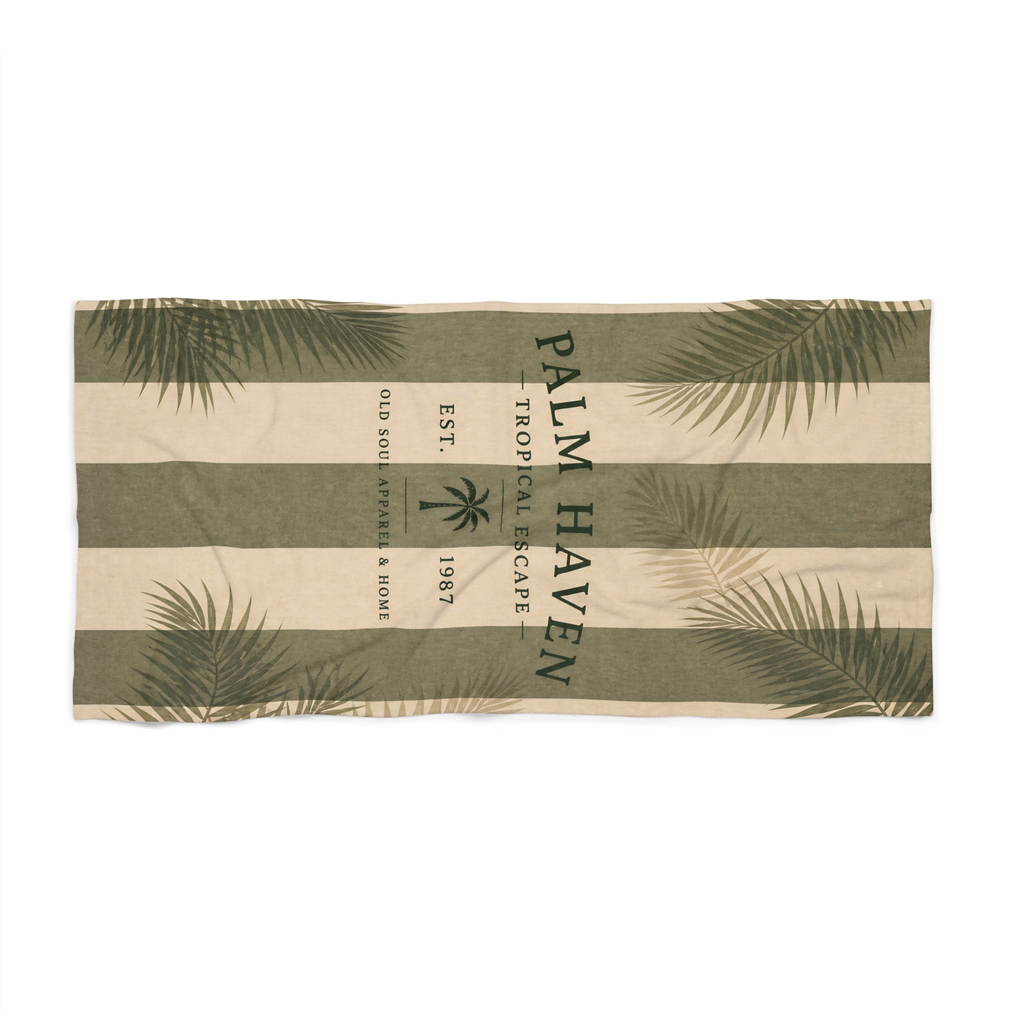 Palm Haven Striped Beach Towel – Tropical Resort Vibes, Palm Leaf Design - Creations by Chris and Carlos